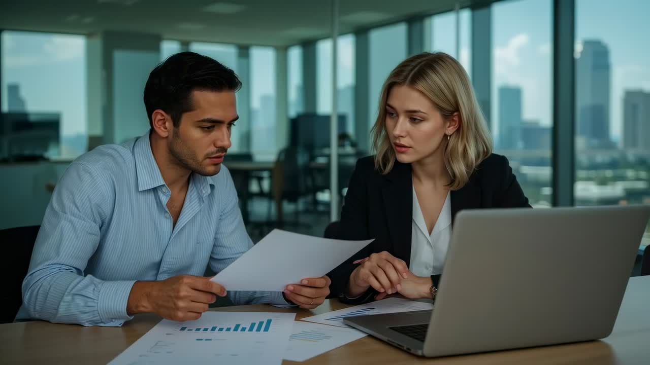 Apresentação de gráfico, homem e mulher em trajes de negócios analisando um laptop em uma mesa de escritório para análise