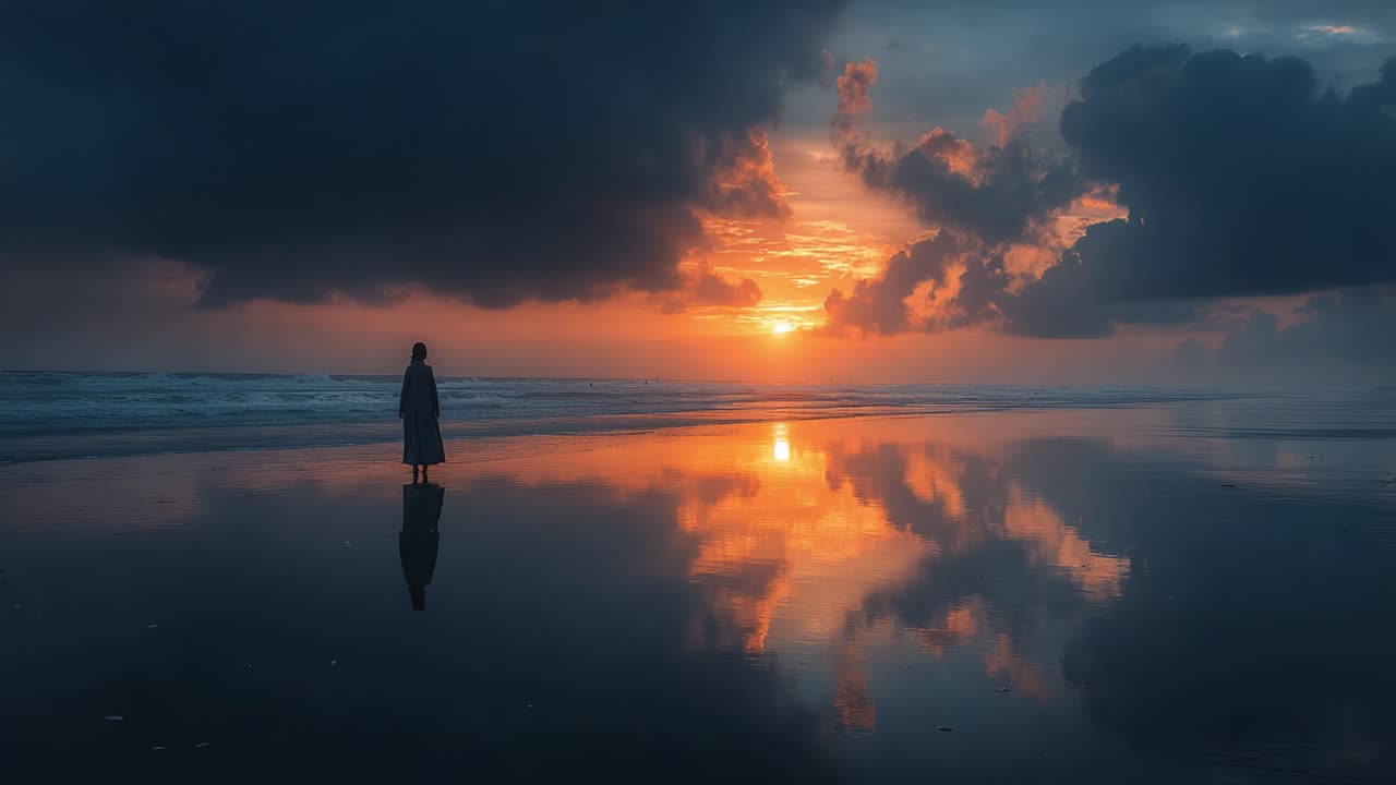 En rolig solnedgang, der spejler sig på stranden: En enspænder betragter den livlige himmel og vandet og indfanger skumringens fredfyldte skønhed