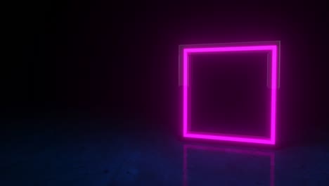 futuristic neon glowing purple square symbol on black dark background with blurred reflection. form glass rim. neon frame sign in the shape of a square. flickers. flickers. 3d loop animation of 4k