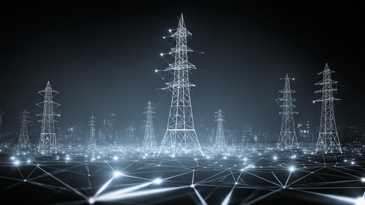 A Stunning Visual Representation of Connections in Modern Energy Systems: Power Towers Illuminated by a Network of Light and Connectivity in a Futuristic Setting