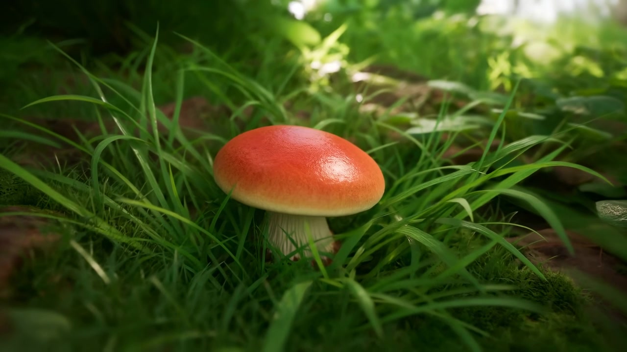 Red Mushroom In Sunlit Grass Glossy Orange Cap Nestled Among Moss And Dewdrenched Blades, Soft Dappled Light