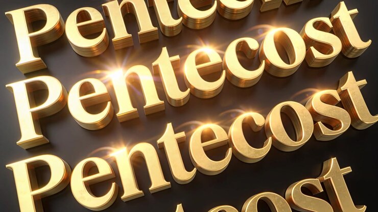 Parole "Pentecoste" in 3D dorate e scintillanti che riflettono bagliori in movimento su un piano scuro e lucido, spostamento della telecamera