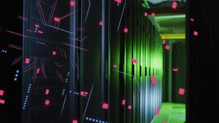 Animation of circuit board and data processing over computer servers