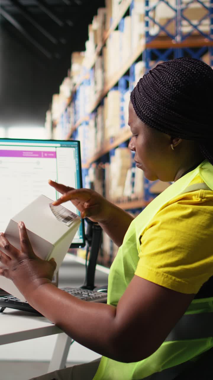Vertical Video Woman staff managing package labeling using shipment details adhesive tags