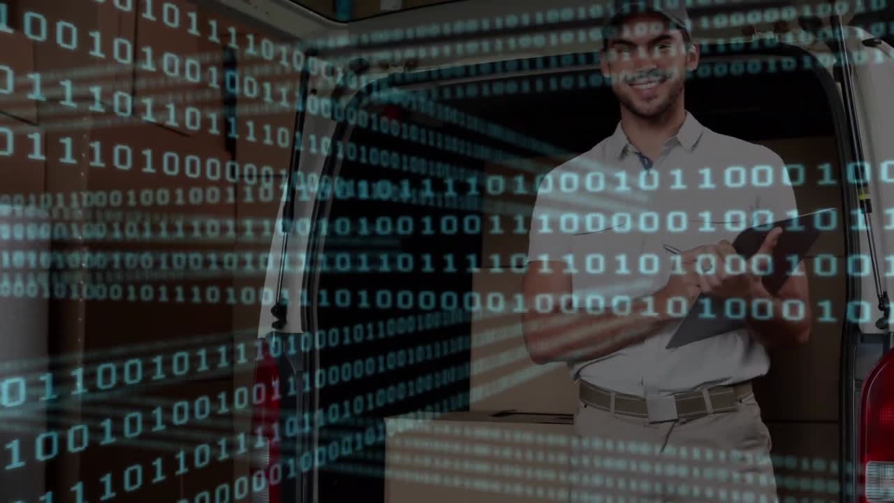 Animation af binær kodning over smilende leveringsbud