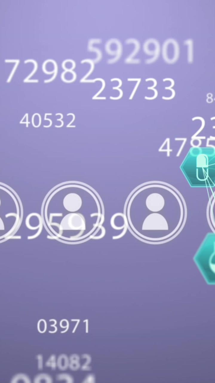 Animation of changing numbers, profile icons, spinning globes of medical icons on purple background