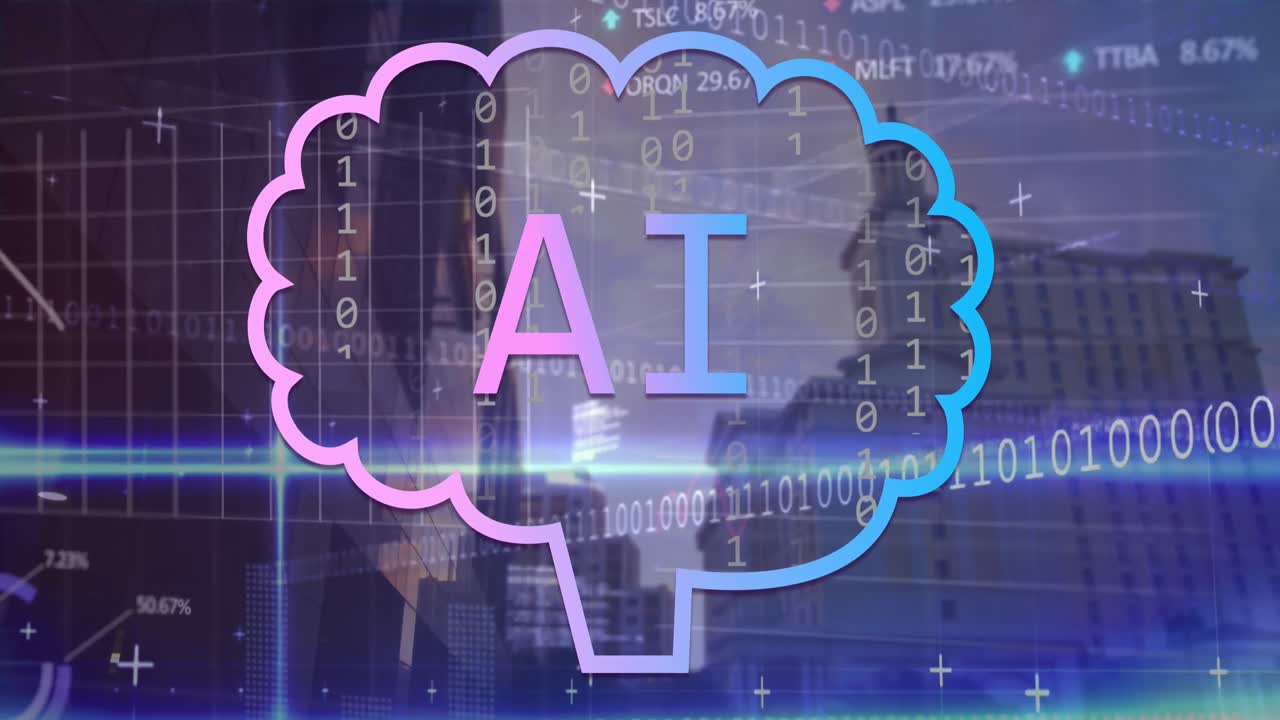 Animation of ai data processing with ai icons over binary coding and cityscape