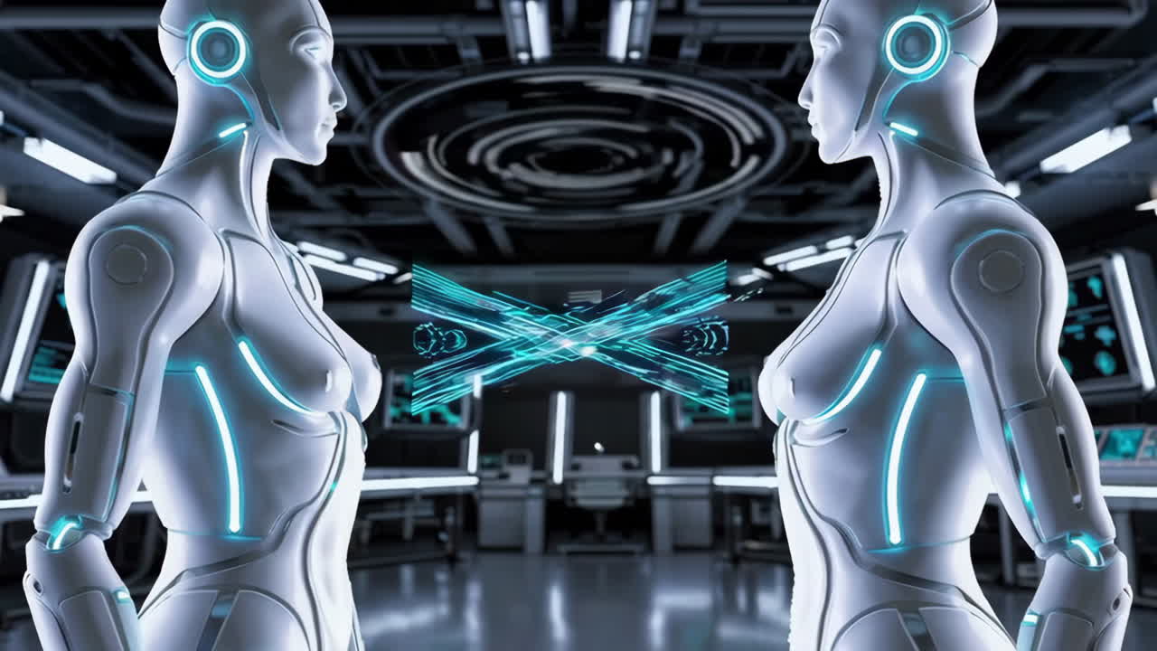 Two Futuristic Female Robots Interact