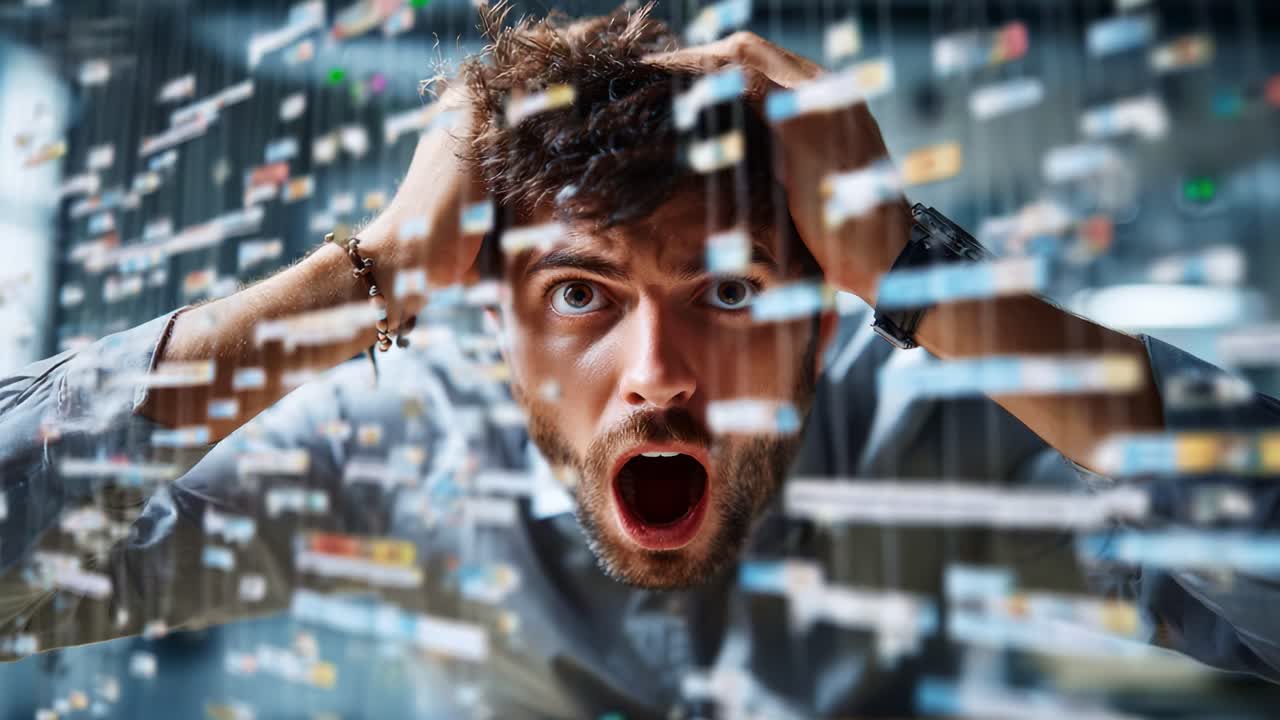 A Man in Distress: Overwhelmed by Digital Chaos and Information Overload in a Modern World, Capturing the Essence of Anxiety in the Age of Technology