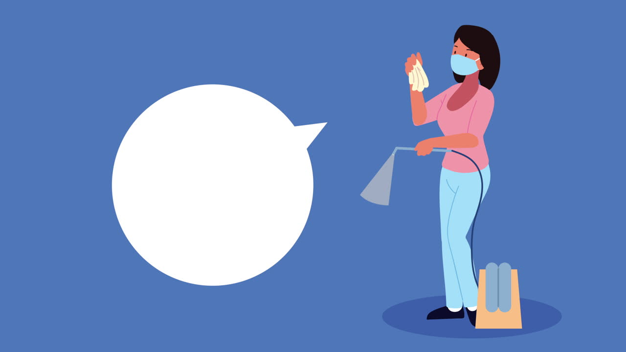 여성이 코로나19 예방 애니메이션을 소독하고 있습니다.