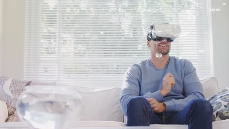 Animation-Des-Globus-Mit-Netzwerk-Von-Verbindungen-über-Dem-Menschen-Mithilfe-Eines-VR-Headsets