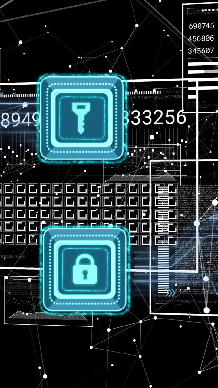 Animation of data processing and padlock and key icons over dark background