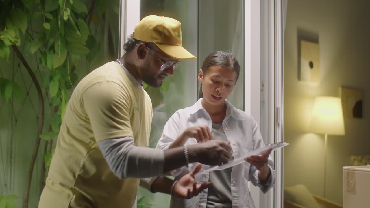 Asian Woman Receiving Parcel from Delivery Man