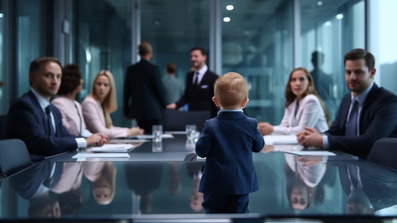 Young boy stands in business meeting room. He wears formal suit, facing adults seated at table. Adults engage in serious discussion, focused on documents. Child looks on with quiet curiosity