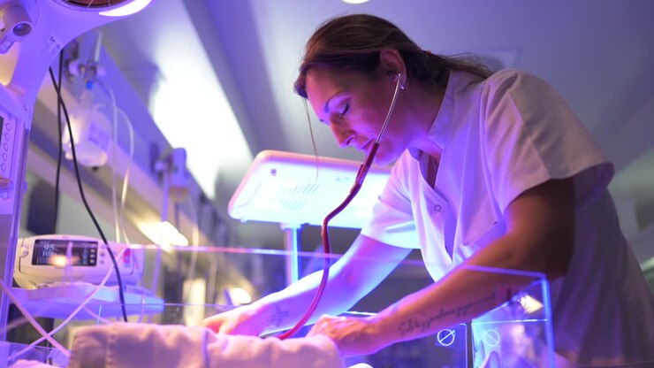 el médico del cultivo escucha el corazón del bebé.