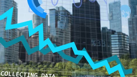 Animation-of-financial-data-processing-over-grid-and-cityscape