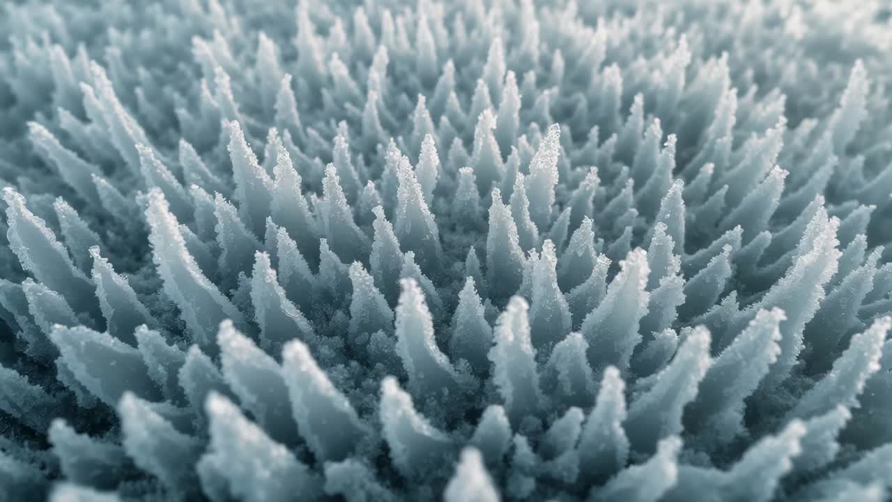 Moving camera shifting forward and narrowing focus on center ice spikes, highlighting frost texture