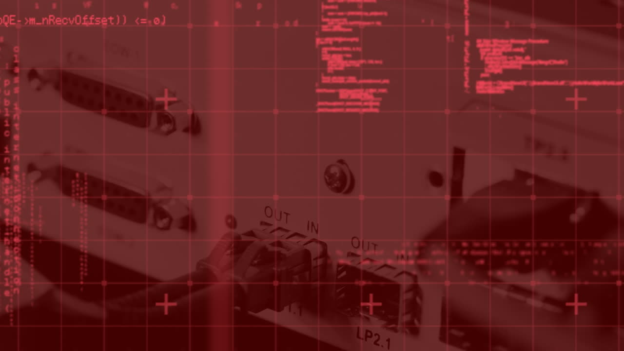 Animation of data processing against close up of computer server with internet cables and wires