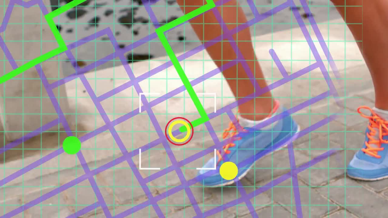 esquema de línea de navegación del mapa sobre la sección baja de una mujer corriendo por el paseo marítimo