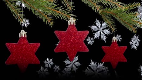 Animation-of-three-christmas-red-stars-decoration-hanging-from-fir-tree-branches-with-snow