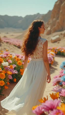 woman in a white dress walking through a colorful desert flower garden