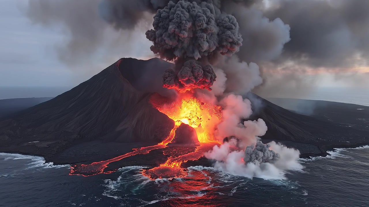 Luftfoto af et vulkanudbrud, der strømmer ud i havet