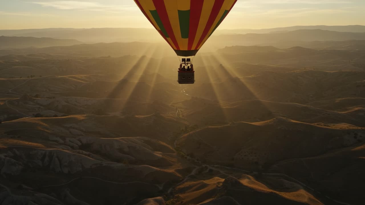 A spectacular aerial view of a vibrant hot air balloon floating gracefully above a breathtaking landscape, capturing the glorious golden rays of the sun during sunset