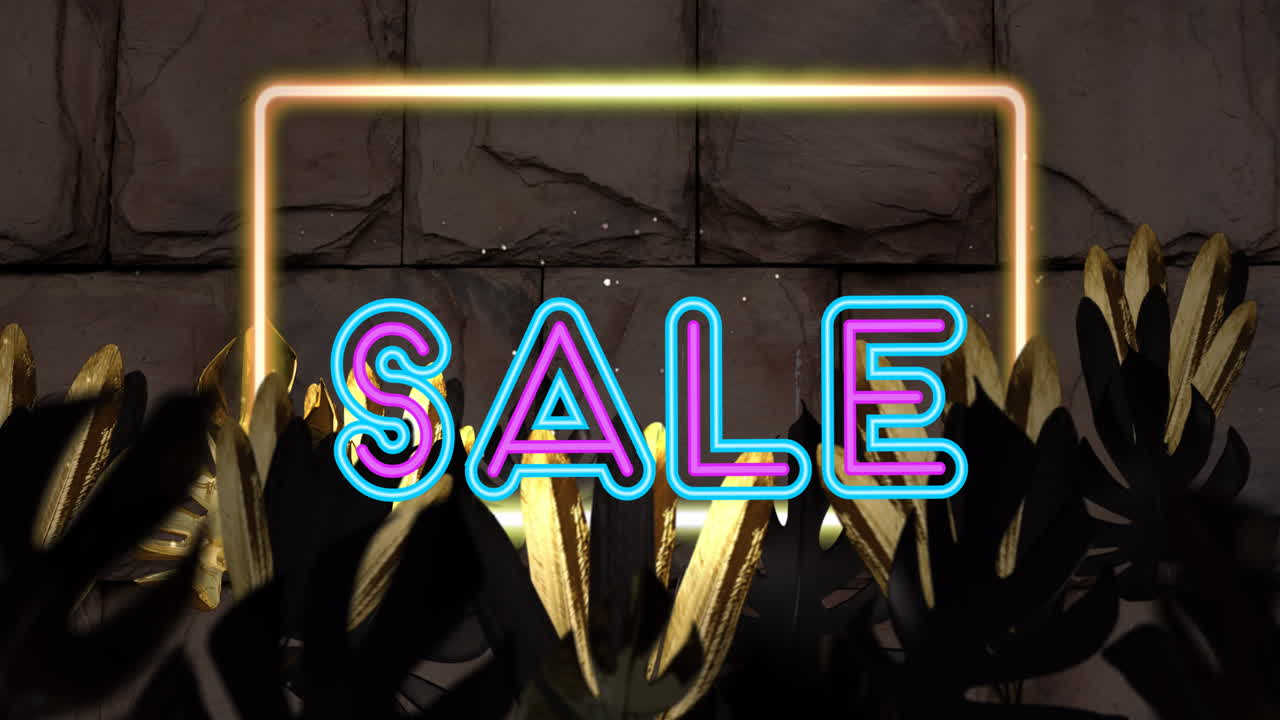 벽돌 바탕에 잎 위에 판매 텍스트와 네온 프레임의 애니메이션