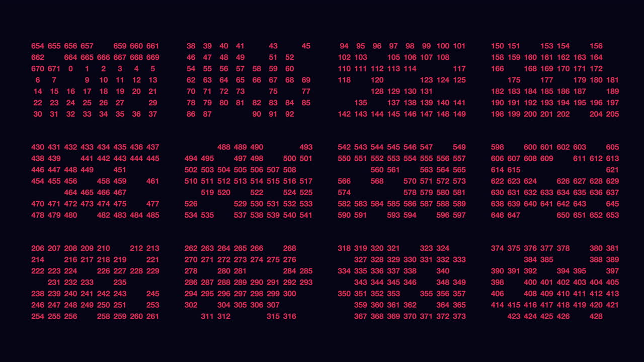 puntos rojos, letras y números en una pantalla de fondo negro