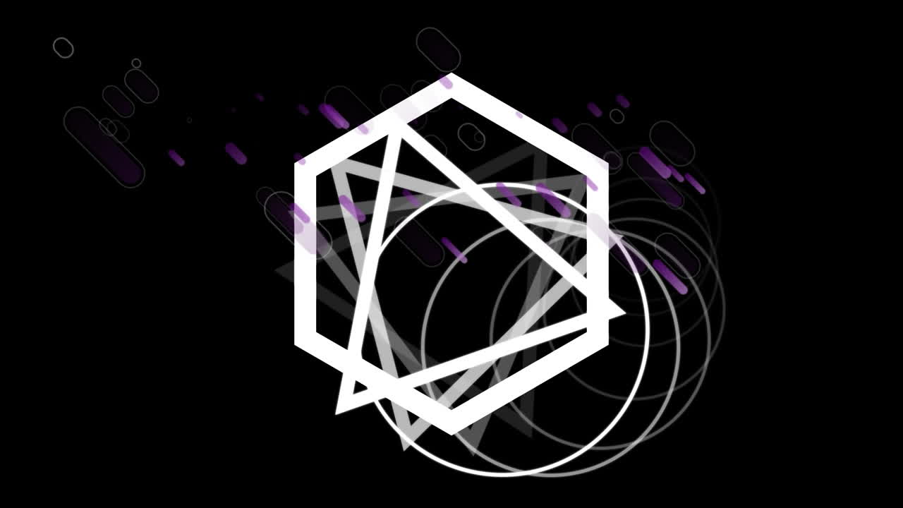 animación de formas blancas rotativas y anillos de carga de datos sobre rastros de luz púrpura en negro