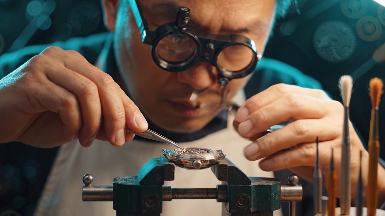 Expert Watchmaker Delicately Repairs Intricate Timepiece with Precision Tools, Showcasing Mastery in Horology and Craftsmanship in Remarkable Close-Up Detail