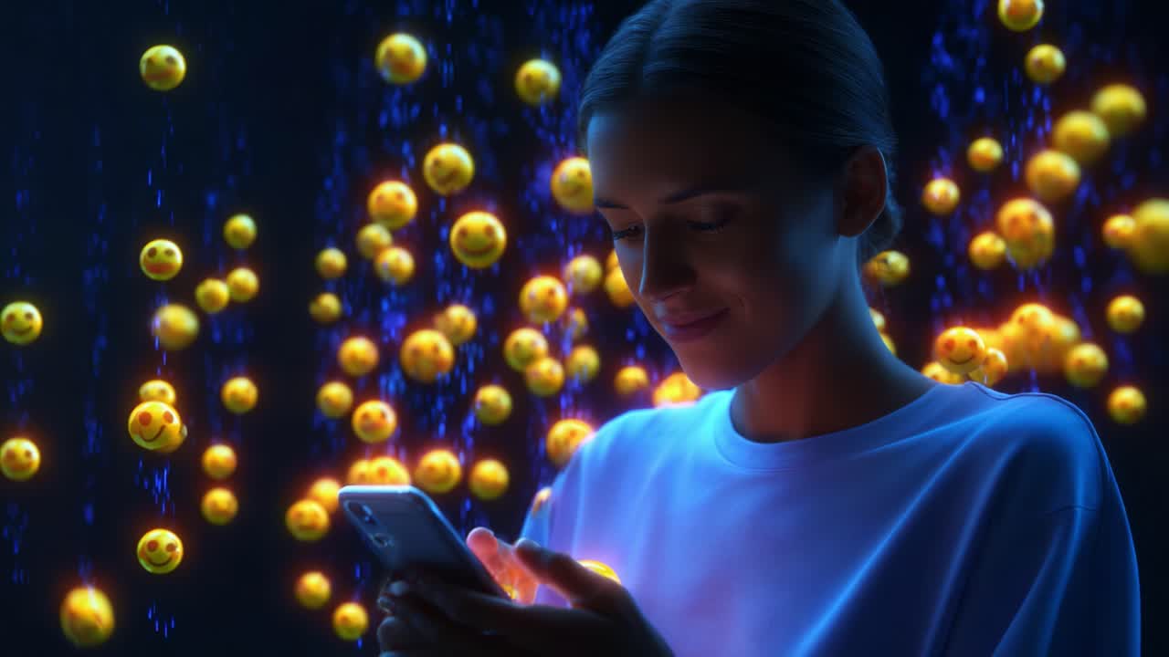 A young woman interacts with her smartphone in a vibrant digital environment filled with floating emoji orbs, expressing a moment of joy and connection amidst a captivating display of technology and emotions