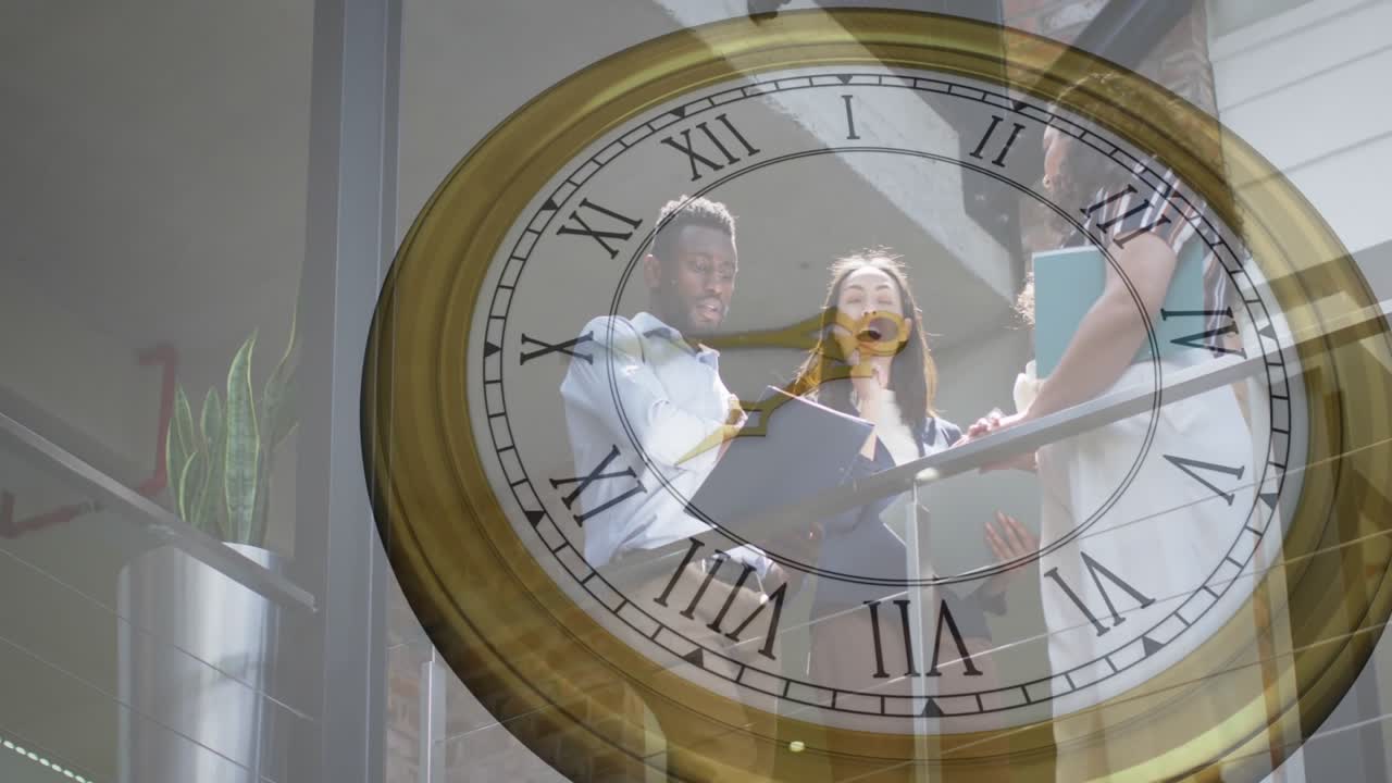 Three colleagues examining folder at railing as clock overlay advancing time for business decision