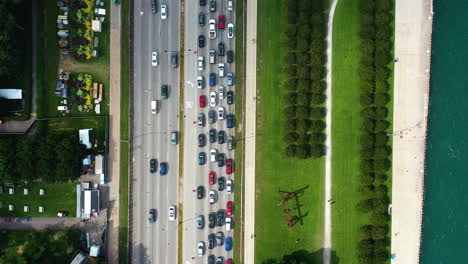 aerial view above a traffic jam on us highway 41, in chicago - top down, drone shot