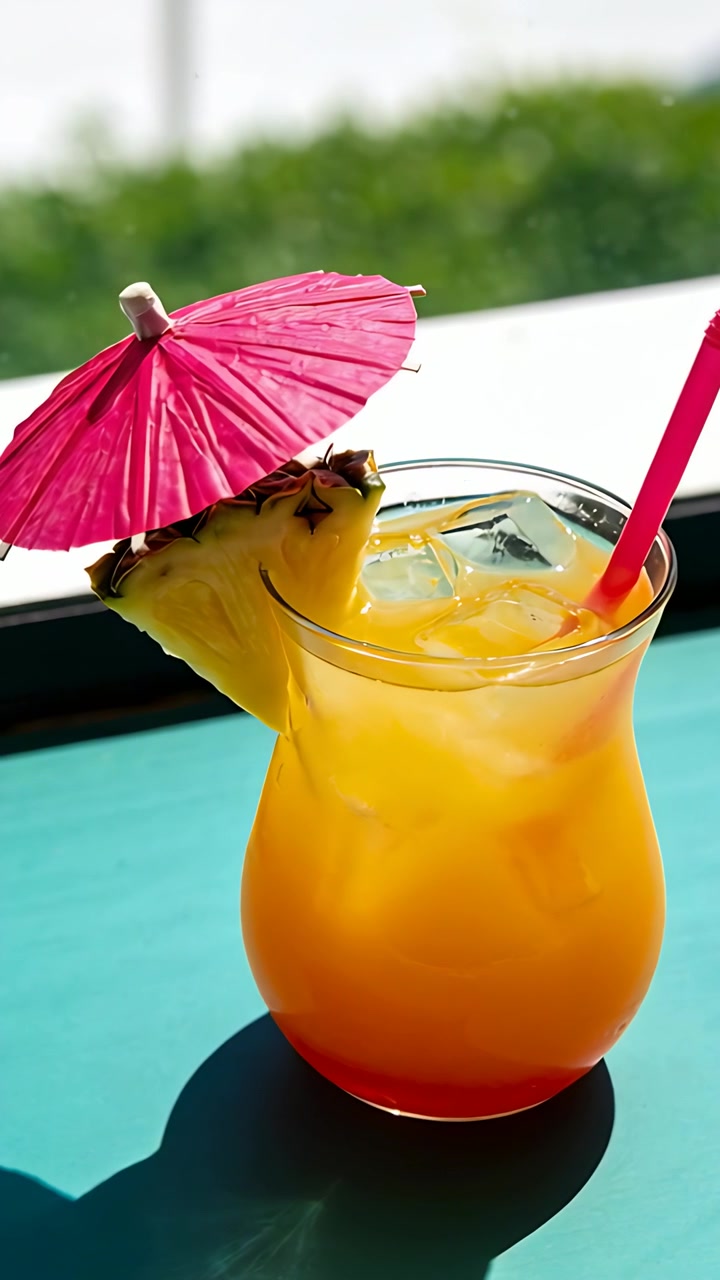 Vertikal video: Kameraet skifter og viser et cocktailglass på et turkis bord med ananas og rosa sugerør.