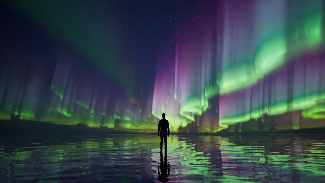 Individual stands in tranquil water, gazing at vibrant auroras illuminating the night sky, showcasing a mesmerizing natural light display in a serene environment
