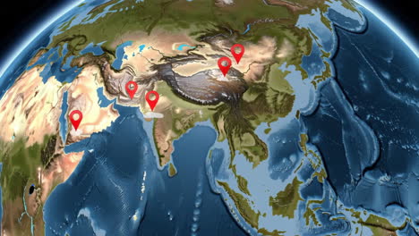 world map with markers in asia and middle east