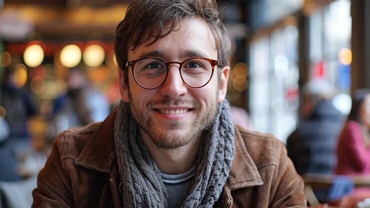 L'uomo sorridente con gli occhiali e la sciarpa