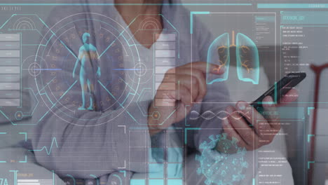 animación de la célula de covid-19 y estadísticas con datos médicos sobre mujeres mayores que usan teléfonos inteligentes