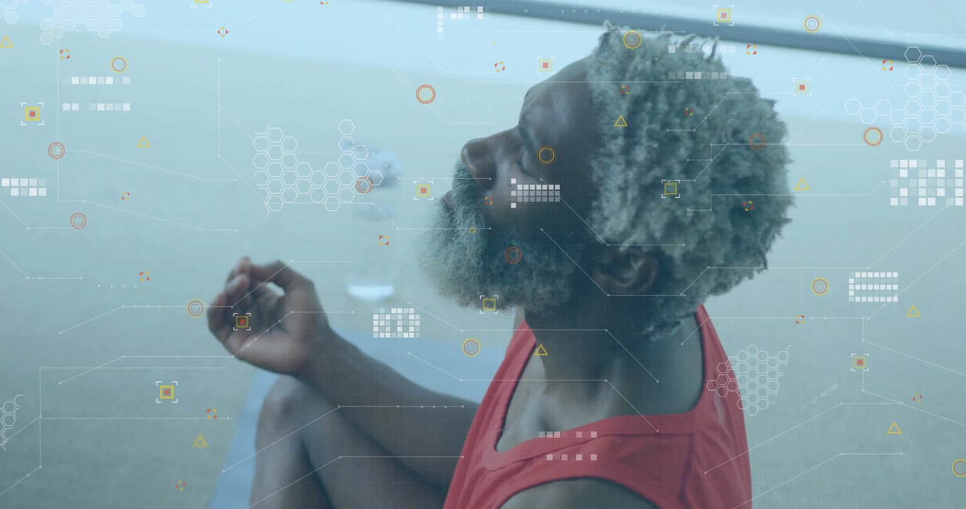 Man meditating on blue mat by water, raising hand pinching red sphere unlocking tech data lattice
