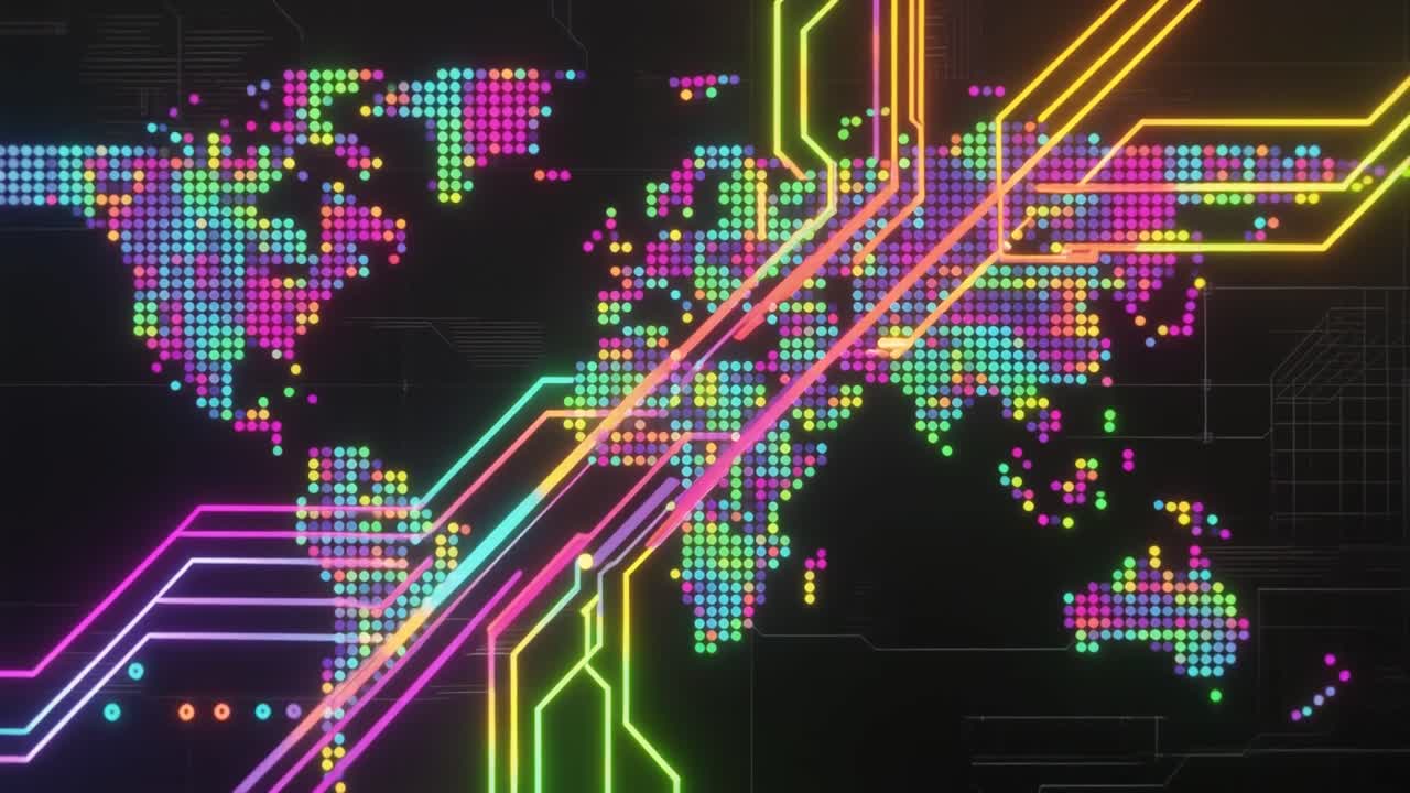 Futuristic World Map Showing Digital Data Transfer and Connectivity