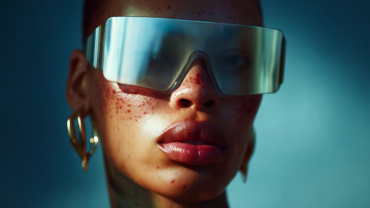 A Portrait of a Fashion-Forward Individual with Distinct Freckles and Bold Accessories, Showcasing Innovative Sunglasses and Stylish Ear Jewelry Against a Vibrant Background