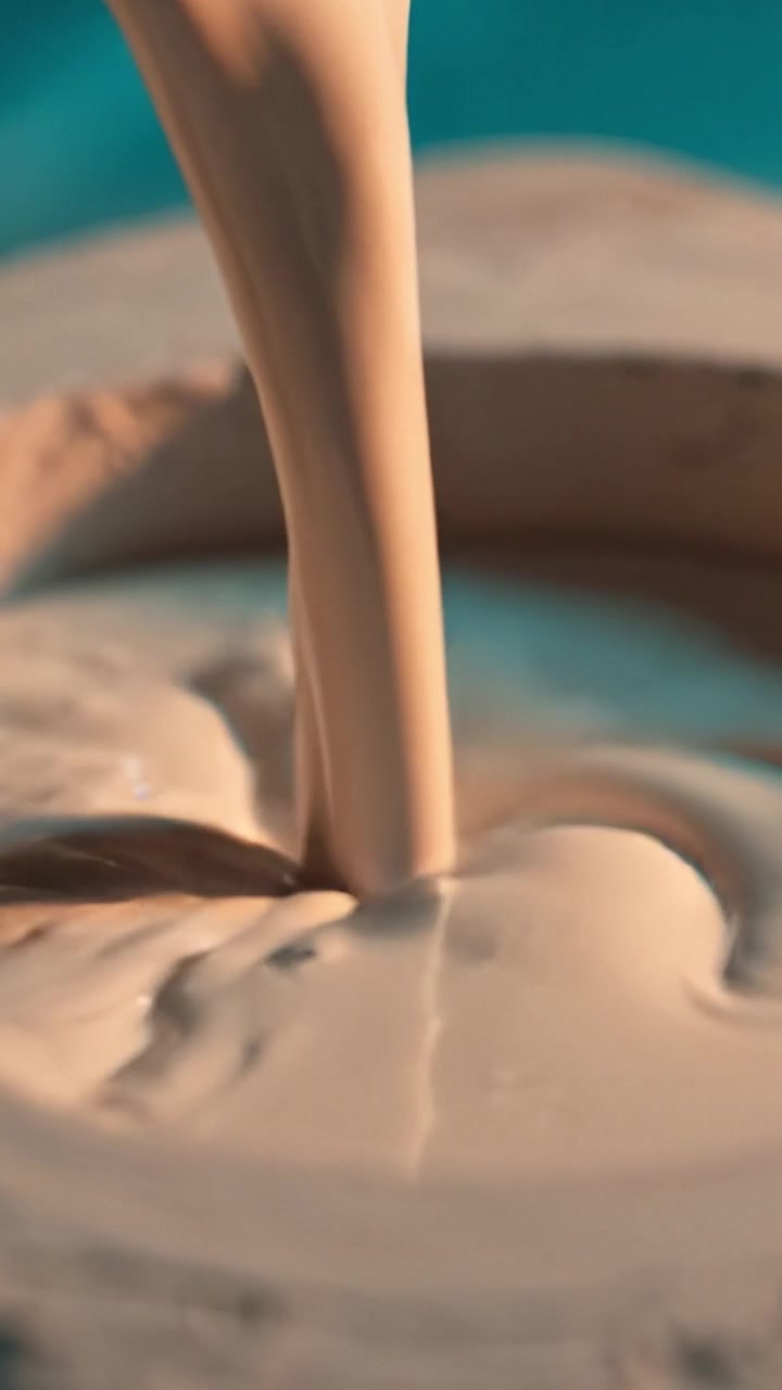 Liquido liscio che scorre in un contenitore creando increspature e una consistenza cremosa, catturando il momento del versamento e la sua estetica visiva.