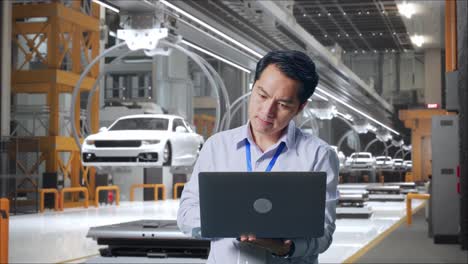 trabajador profesional masculino asiático de pie con su portátil en una fábrica de automóviles ev, instalación industrial de alta tecnología, trabajo continuo