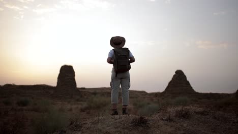 anonymous traveler standing in desert field