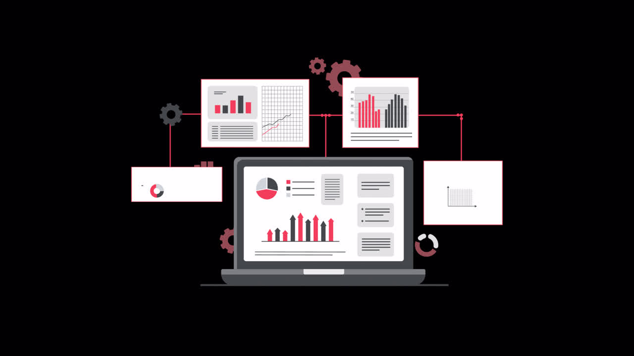 Animated Laptop Displaying Data Analytics and Business Reports