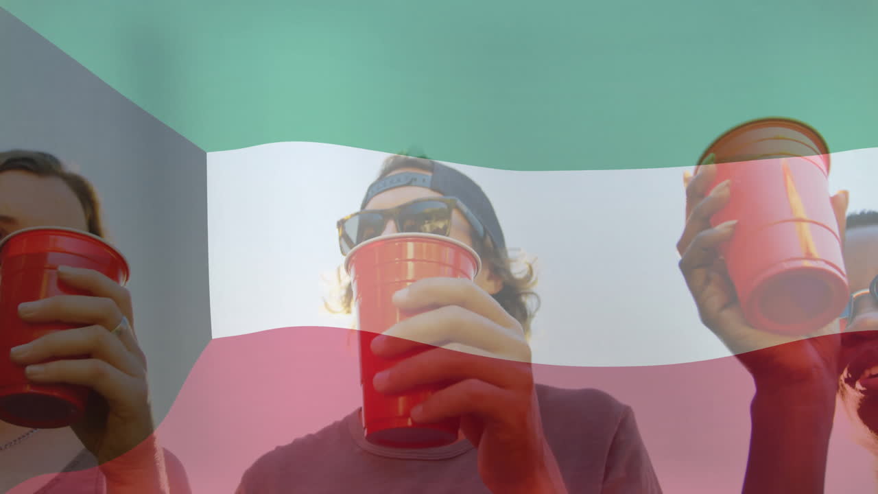 Holding red cups, people with flag colors overlay celebrating outdoors in animation