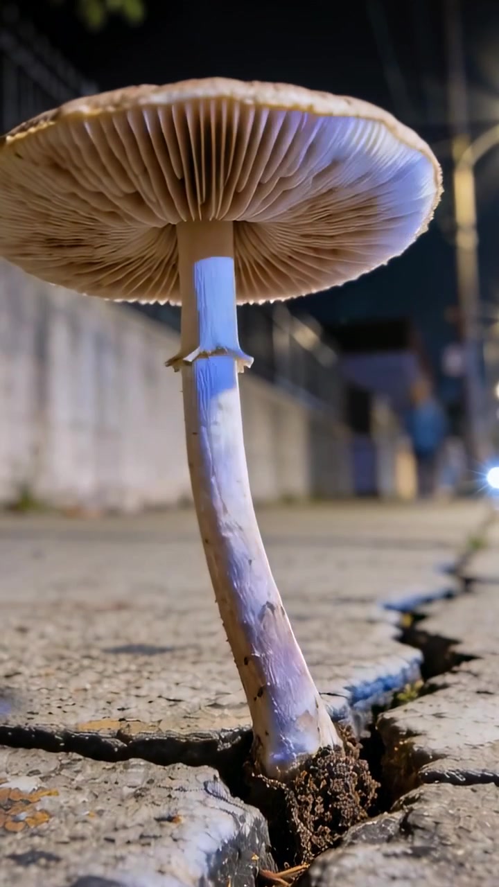 Vertical video: Emerging mushroom pushing through narrow crack on sidewalk at night showing gills