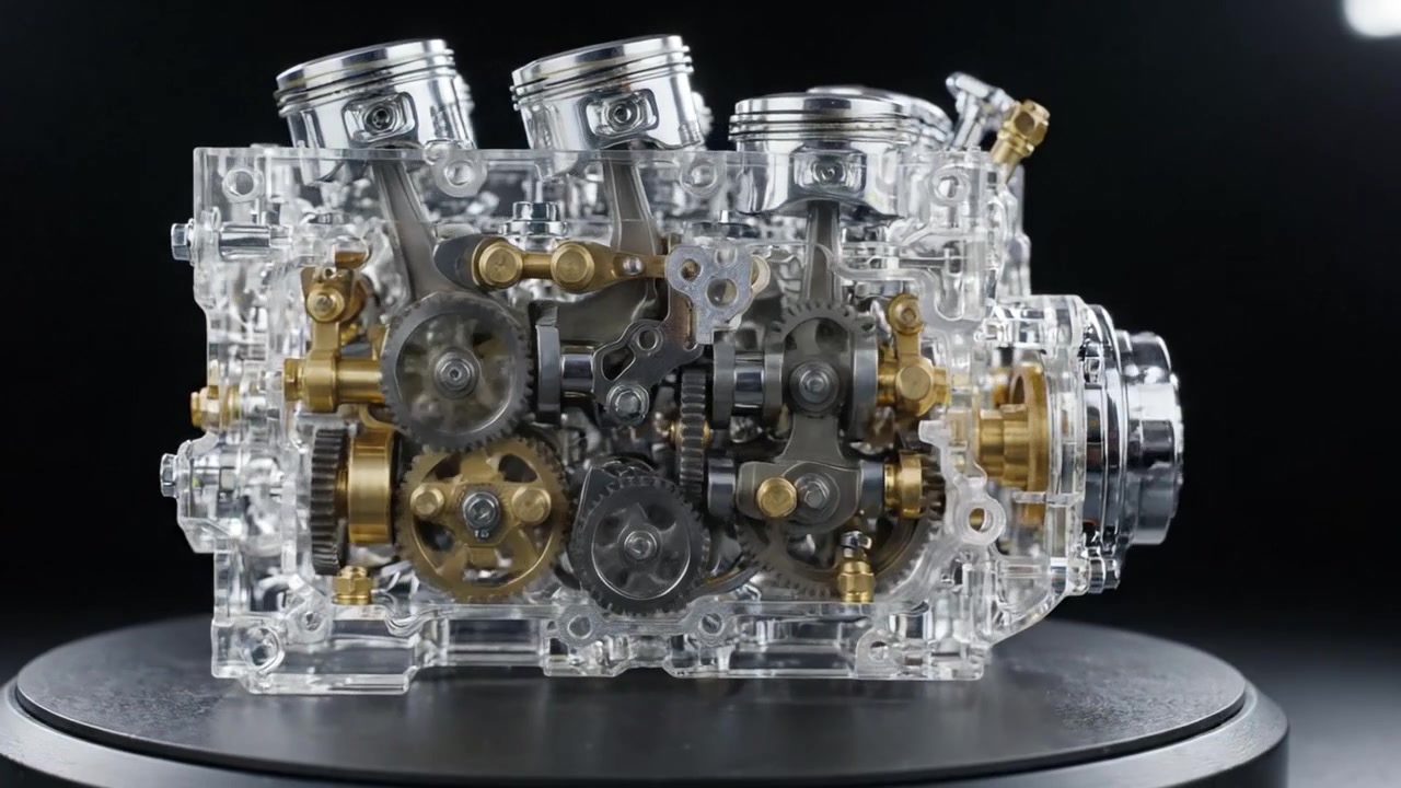 Presentazione dettagliata di un modello di motore compatto con carter trasparenti, ingranaggi complessi e parti di precisione, perfetto per gli appassionati di automobili e gli ingegneri.
