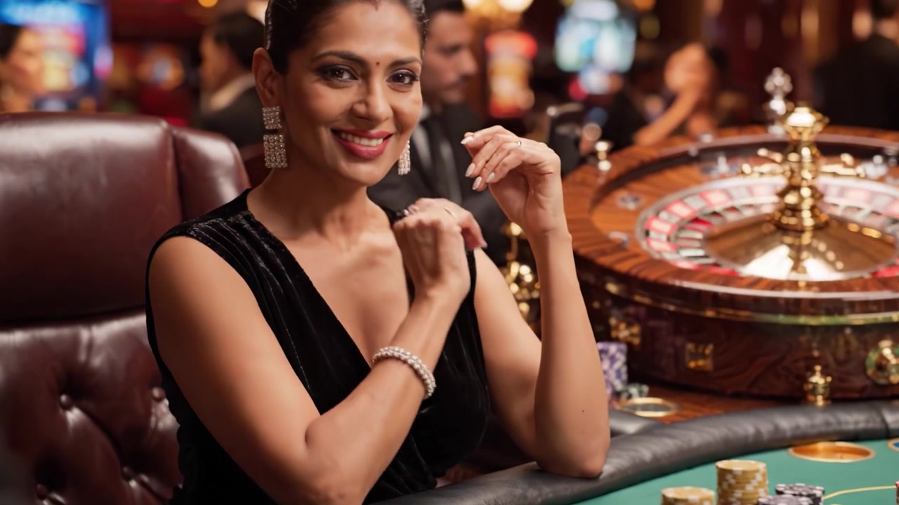 Una serata glamour al casinò: una donna si diverte al tavolo della roulette, circondata da fiches colorate e un'atmosfera lussuosa.
